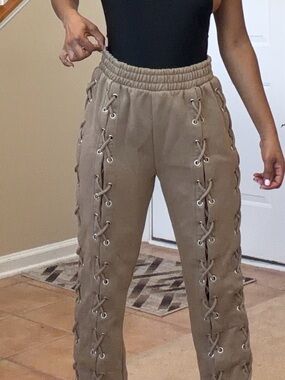 PrettyLittleThing Taupe Lace-Up Track Joggers